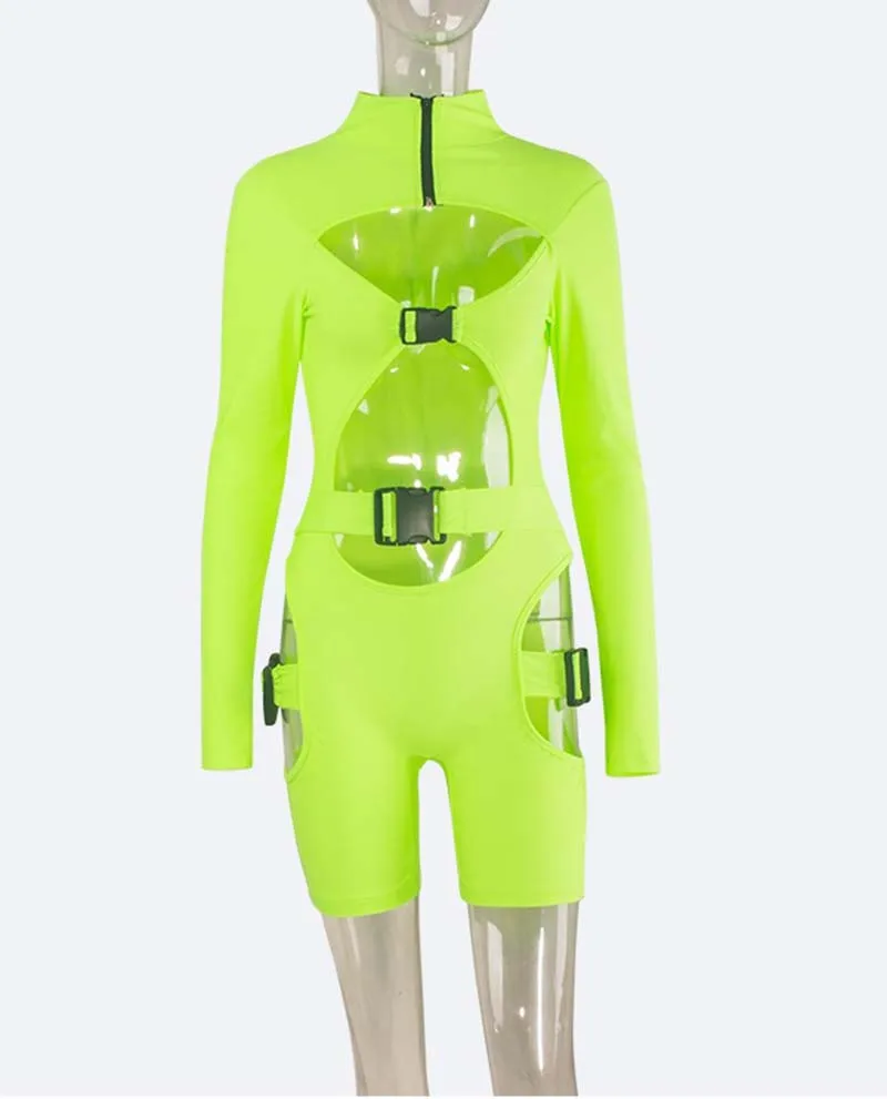 Beyprern, сексуальный комбинезон с вырезами и высоким воротником, комбинезон с пряжкой, комбинезон для подиума, флуоресцентный женский эластичный Байкерский комбинезон, Клубные Комбинезоны - Цвет: Зеленый