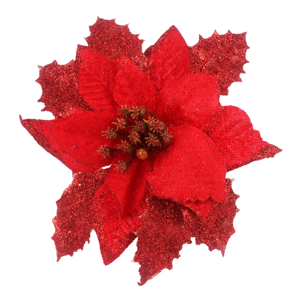 12pcs/lot Artificial Christmas Flowers Plastic&Cloth Glitter Hollow Flower For Christmas Tree Decoration DIY Xmas New Year Decor