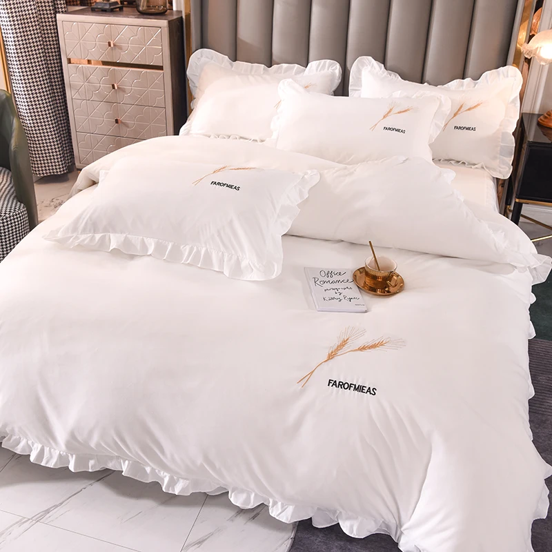 

New Cotton Embroidery Sleeping Bedding Set Duvetcover&2pcs Pillowcase&1bed Skirt