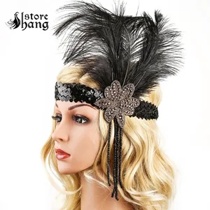 Винтажный головной убор Great Gatsby, повязка на голову с перьями и кисточками, блестящая повязка на голову в стиле Charleston, аксессуары для костюма