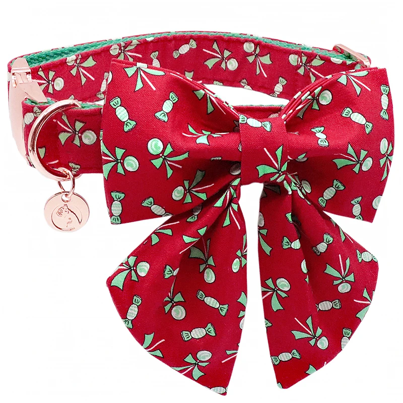 

Unique Style Paws Christmas Cotton Dog Collar with Sailor Bow Red Candy Puppy Collar for Small Medium Large Dog