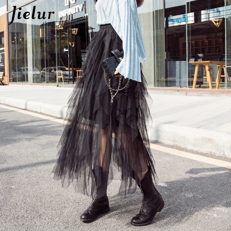 Jielur White Skirt Women Summer 2021 Vintage High Waist Irregular Mesh Skirts Gray Black Fashion Chic Pleated Tulle Korean | Женская