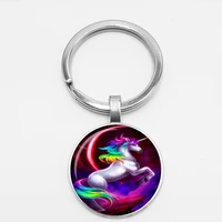 2018 fashion color unicorn convex glass key chain rainbow horse key ring accessories to map private custom