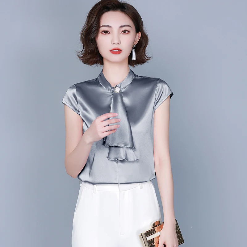 

Silk Satin Slim Women's Blouses New Casual Fashion Blouse Solid Color O-neck Shirts Short Sleeve Summer Shirt Houthion