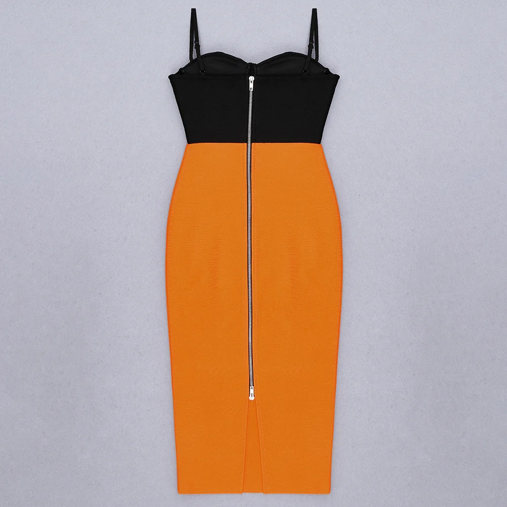 

HQBORY Women Orange Bandage Dress Spaghetti Strap Patchwork Sexy Club Fashion Evening Party Celebrity Ladies Dress