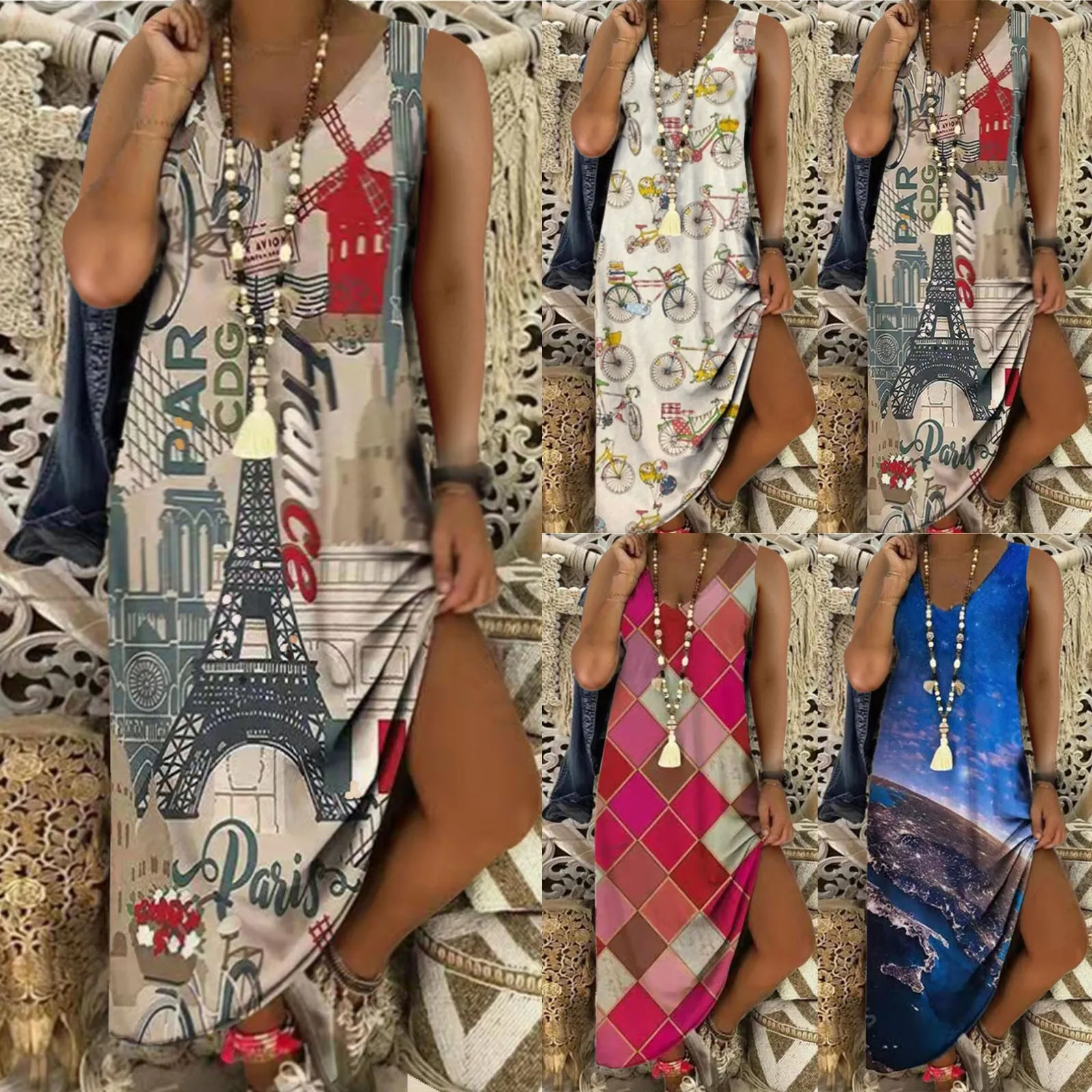 

Dress Retro Print Sleeveless Summer Women's Casual Pocket O-neck Loose Dress Elegant Female Plus Size Banquet Dress Ins Fashion