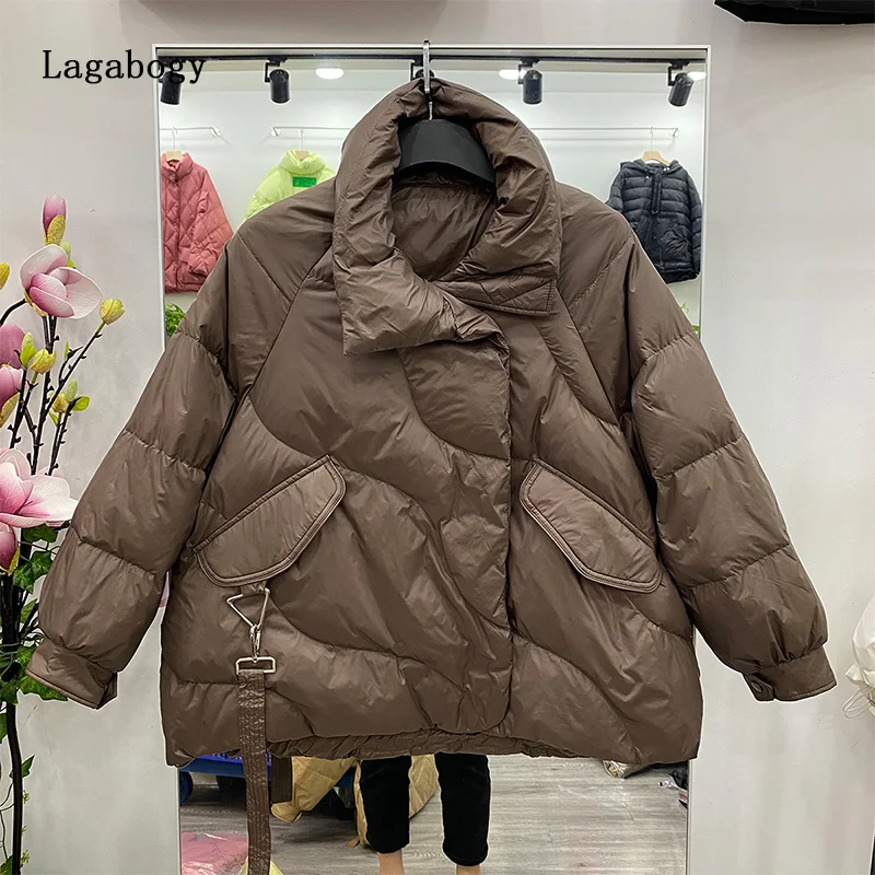 

Lagabogy 2022 New Winter Women Short 90% White Duck Down Jacket Ultra Light Warm Parkas Female Zipper Loose Puffer Coat Outwear