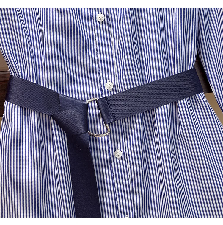 Женское прямое платье в полоску с отложным воротником поясом стиле пэчворк на