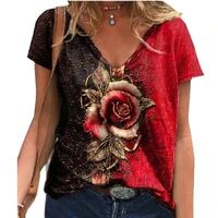 woman t shirts 2021 new design lady summer loose shirt rose print v neck patchwork tops short sleeve t shirts