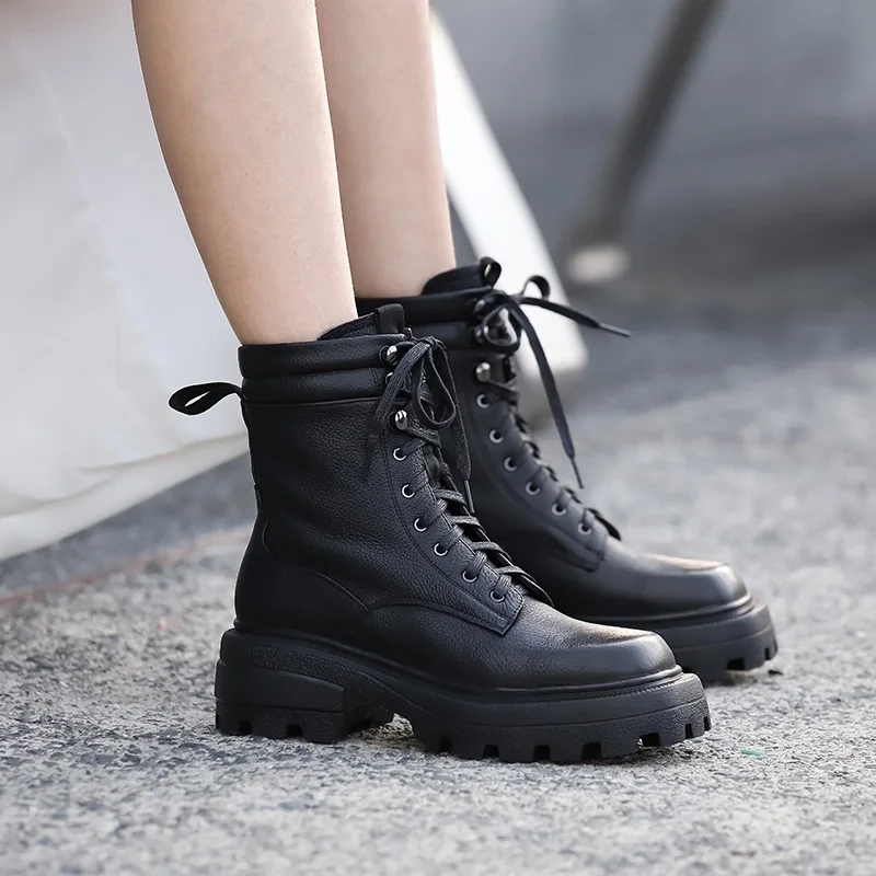 

2021 Shallow Platform Autumn Winter Shoes Women Ankle Boots Cross Tied Genuine Leather Chunky Heels Motorcycle Boots Shoes Woman