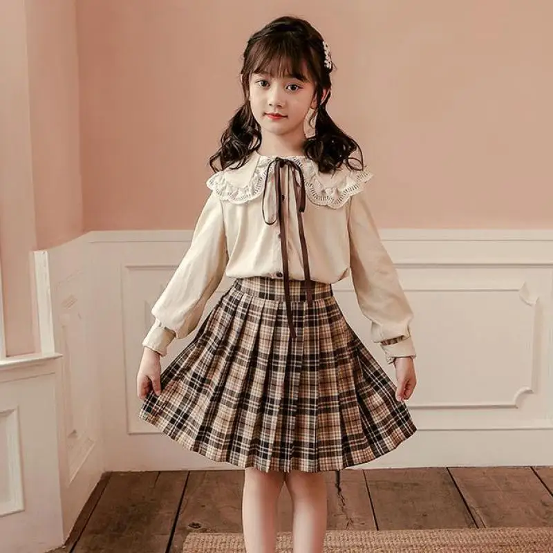 7 9 10 12 14 Years Girls Clothing Set 2 Piece Shirts And Skirts Outfits Children Teens 2PCS School Uniform Clothes Suits