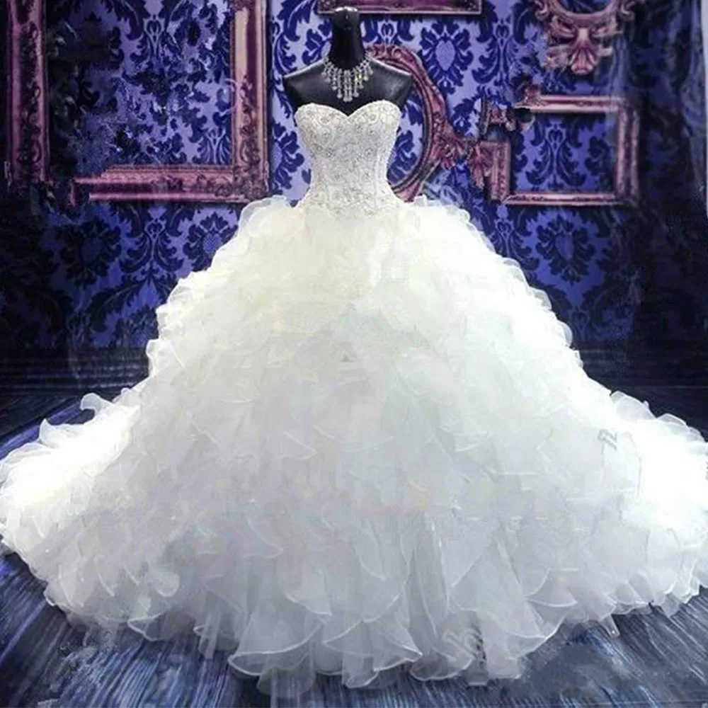 

2020 Luxury Beaded Embroidery Ball Gown Wedding Dresses Princess Corset Sweetheart Organza Ruffles Cathedral Train Bridal Dress