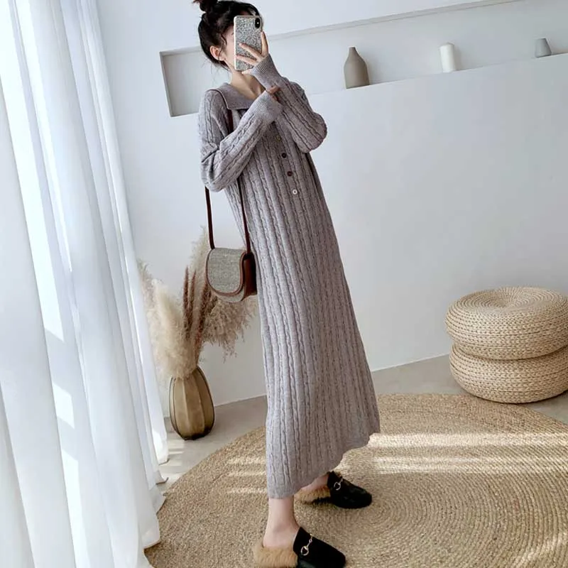Женское трикотажное платье-свитер осенне-зимнее однобортное Свободное платье с