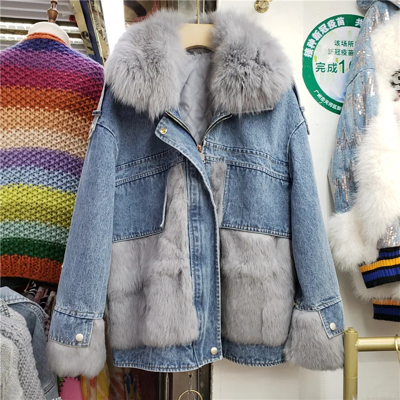 

Winter Women's Denim Parkas Removable Fur Collar Cotton Liner Loose Casual Fox Fur Patchwork Cowboy Long Sleeve Female Outerwear