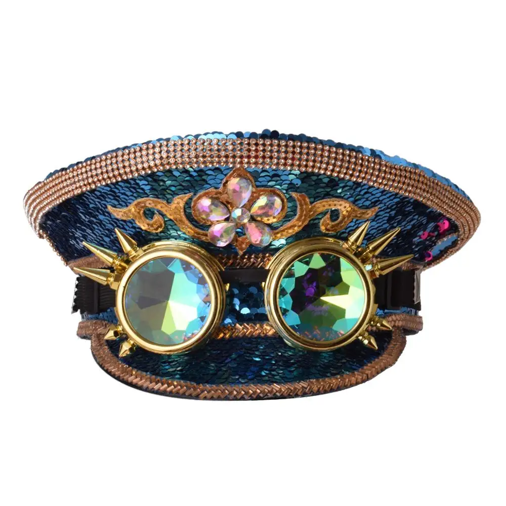 Кепка в стиле стимпанк женская роскошная милитари с очками топ блестками для