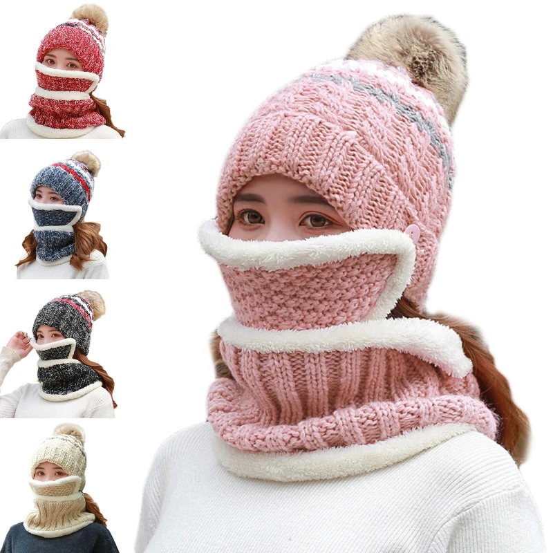 

Women 3Pcs Set Pompom Beanie Hat with Circle Scarf Mouth Mask Warm Plush Lined Knitted Winter Windproof Ski Skull