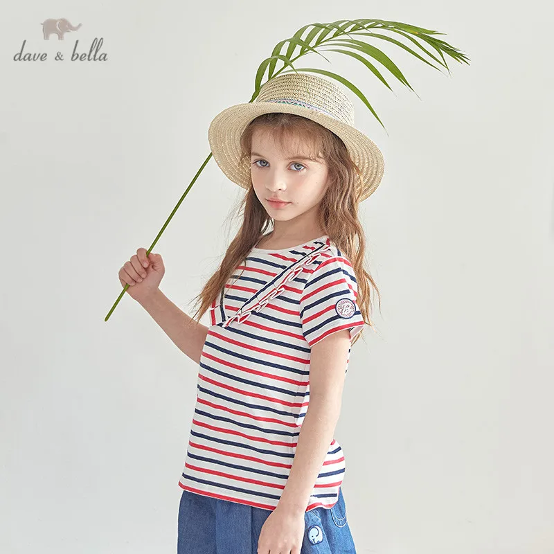 DKH13292 dave bella summer 5Y-13Y kids clothes children fashion striped letter ruched T-shirt girls high quality tees | Детская одежда