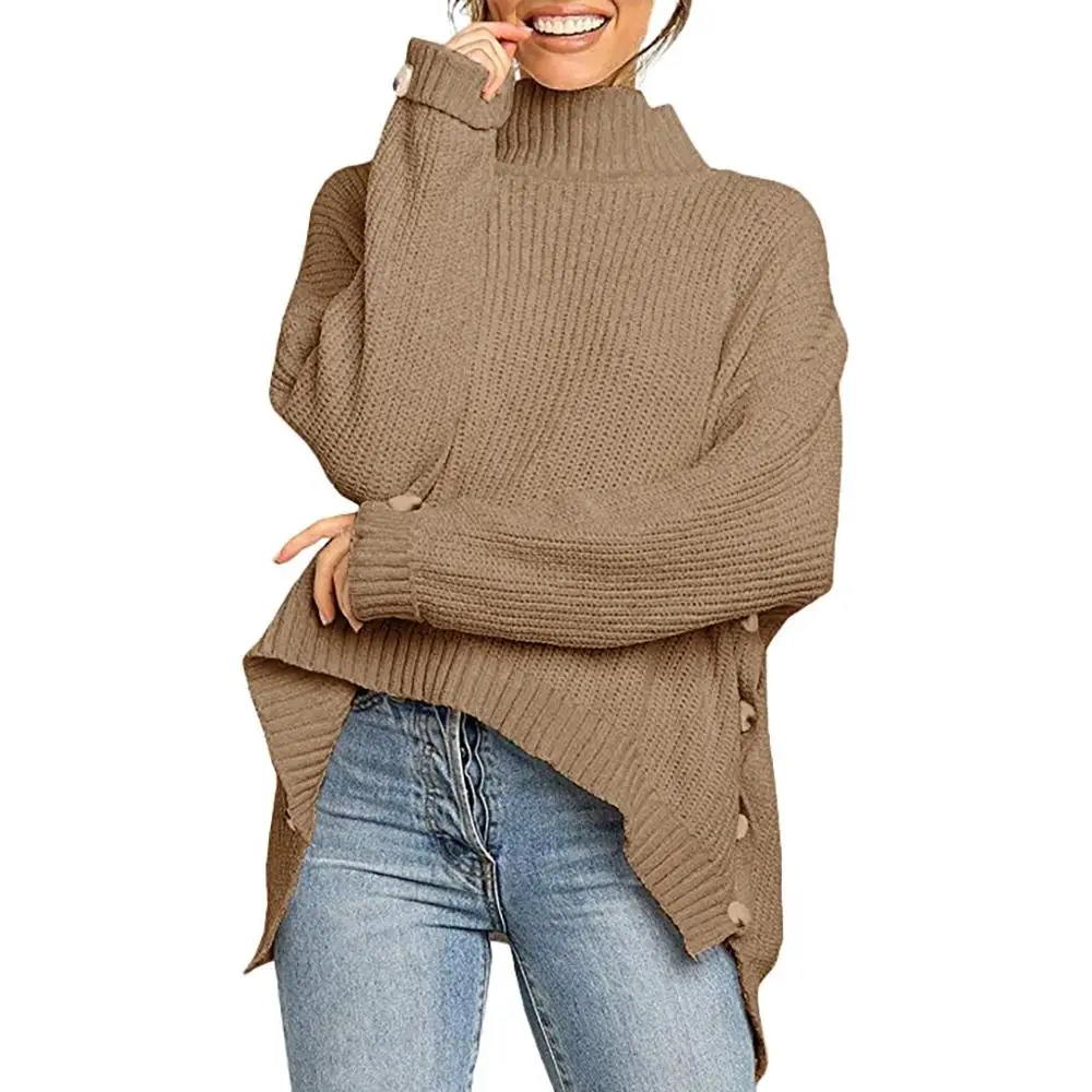 Women Sweater Button Irregular Solid Long Sleeve Turtleneck Knitted Fashion Top knitted pullover sweater sweters invierno #7 | Женская