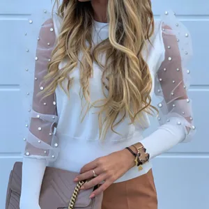 Блузка женская с круглым вырезом, элегантный Стильный Эластичный Топ с рукавами из фатина, с бусинами и жемчужинами, в стиле пэчворк, весна 2021