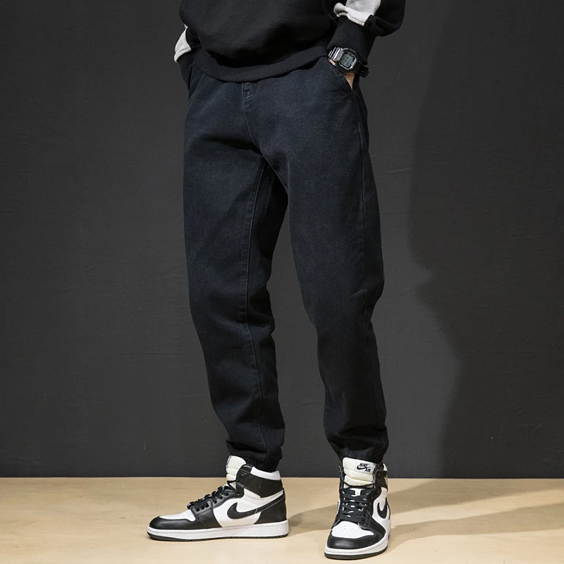 Модные уличные мужские джинсы свободного покроя черные синие брюки-карго