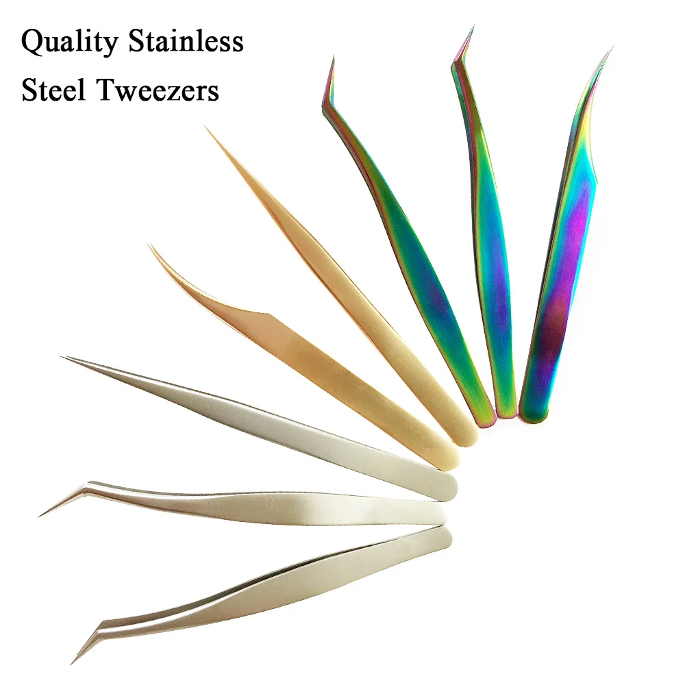 

Quality Stainless Steel Tweezers Rainbow Colorful Gold Straight Bend High Precision Anti-static tweezers for Eyelash Extensions