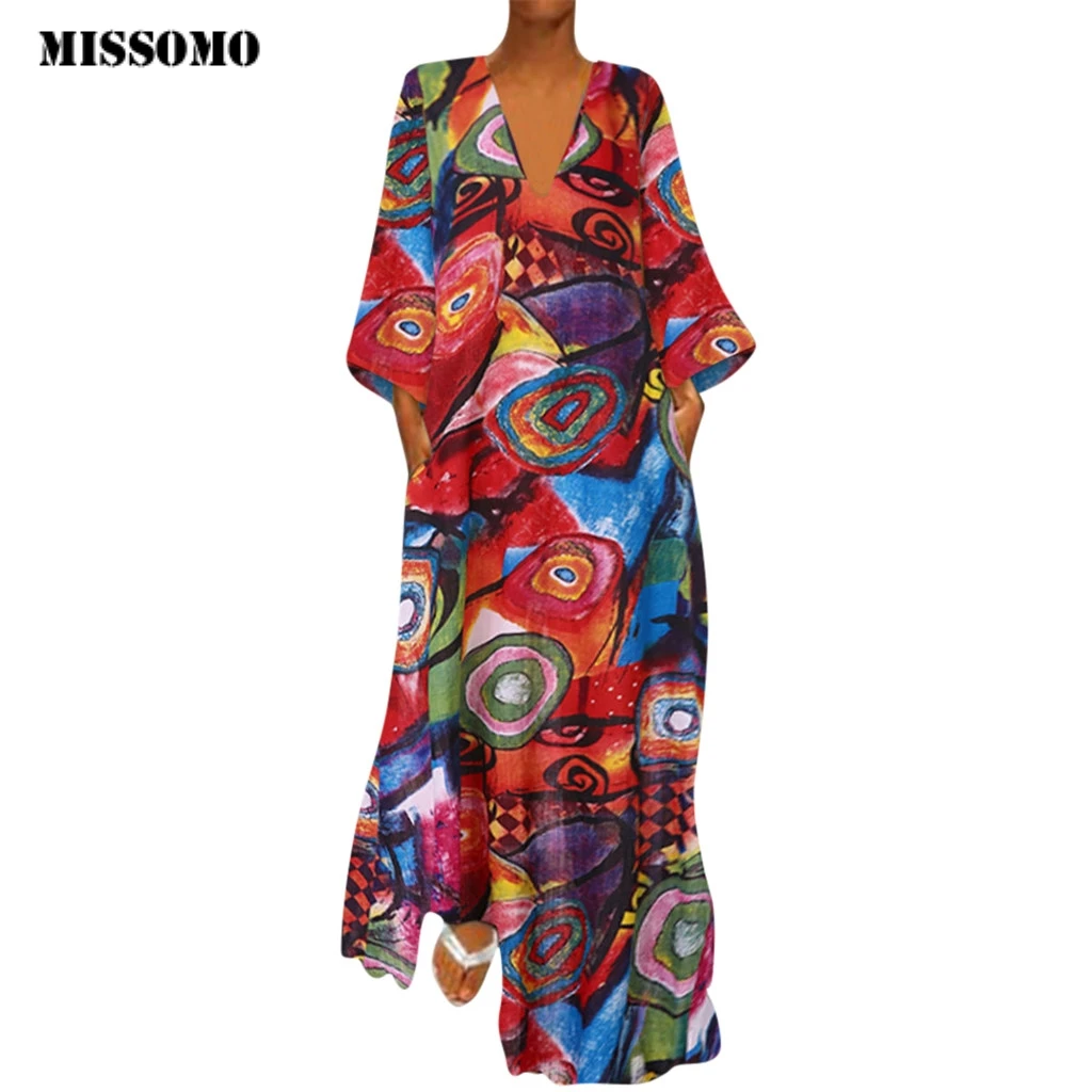 MISSOMO женское платье большого размера vestidos винтажное Макси платье с v-образным вырезом с этническим принтом и длинными рукавами Повседневное летнее платье robe femme