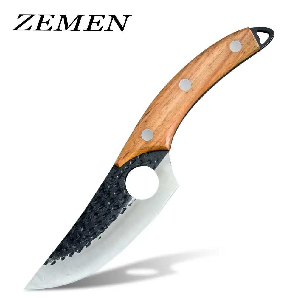 

ZEMEN Outdoor Camping Knife Cooking Knife 5.5 Inch Hammer Pattern Boning Hunting Knife Woodhandle Chef Cutlery Kitchen Tool