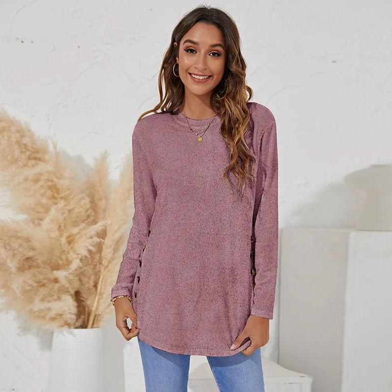 

Новое поступление 2021, Однотонная футболка с длинным рукавом и круглым вырезом, повседневные Осенние Топы, женские футболки на пуговицах, эл...