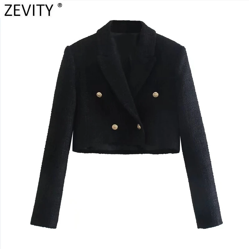 

Zevity Women High Street Double Breasted Black Tweed Woolen Short Blazer Coat Vintage Female Outerwear Chic Crop Suit Tops CT823
