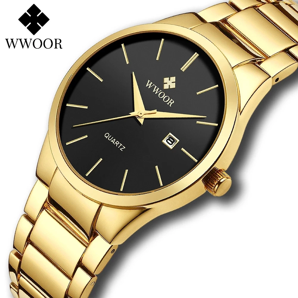 

WWOOR 2021 Luxury Watch Men Business Mens Quartz Wristwatches Golden Stainless Steel Waterproof Automatic Date Relogio Masculino