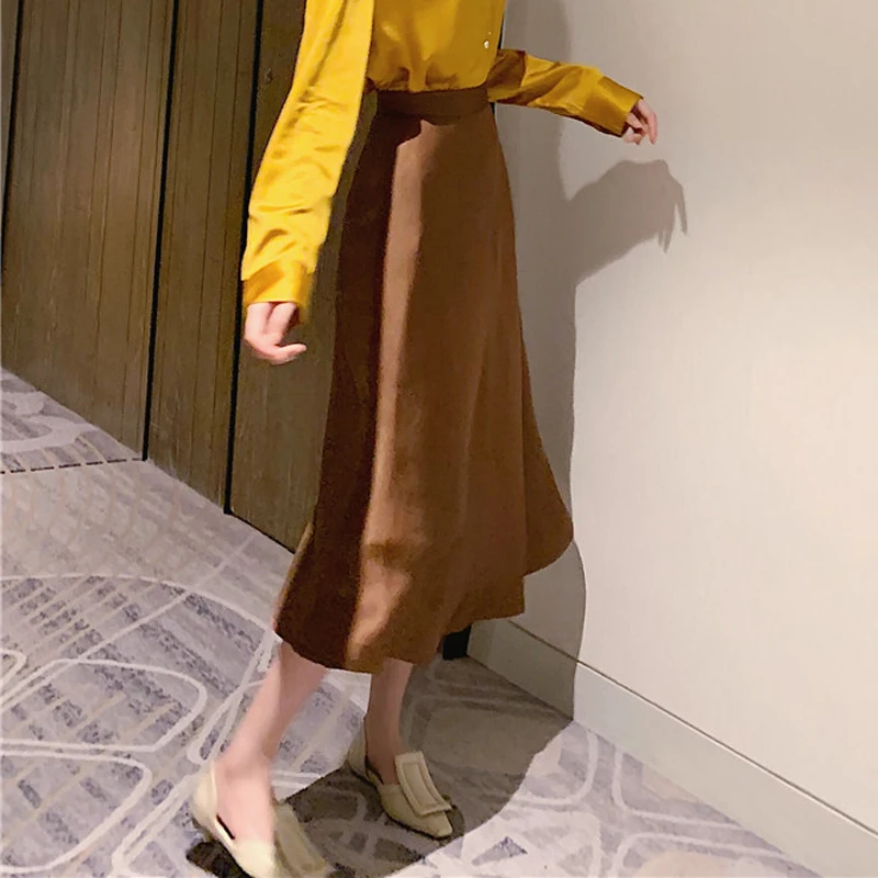 Осень 2021 длинные юбки с высокой талией для женщин однотонные атласные