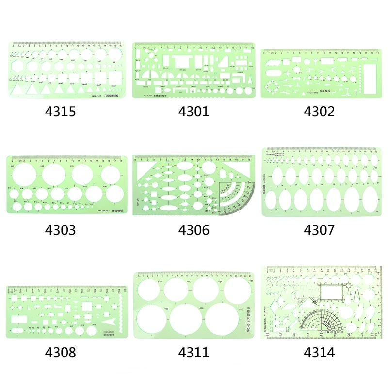 

18 Styles Rulers Green Plastic Circles Geometric Template Ruler Stencil Measuring Tool Stationery Students Drawing Curve Ruler