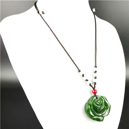 

Natural Green Chinese Jade Rose Pendant Necklace Fashion Accessories Charm Jewelry Carved Amulet Gifts for Women Men