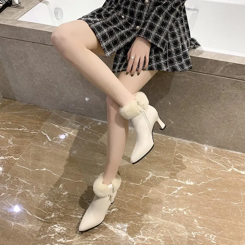 

Women Winter Fur Warm Snow Boots Ladies Warm wool booties Ankle 7.5CM high heels Boot Comfortable Shoes Casual Women Mid Boots