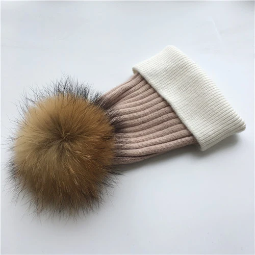 Blush-white N Зимняя шапка, модная шапка с натуральным мехом, женские шапки с помпоном, кашемировый шерстяной вязаный берет, меховая шапка с помпоном, шапка с большим мехом енота - Цвет: Blush-white N