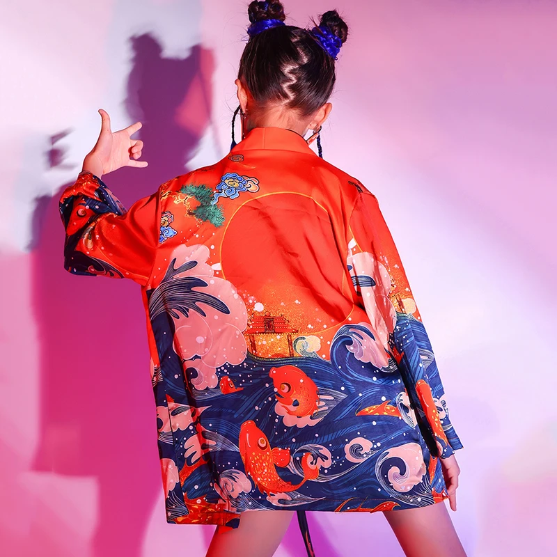 

New Chinese Style Costumes For Girls Hip Hop Jazz Performance Clothing Red Long Sleeves Suit Rave Modern Stage Outfit