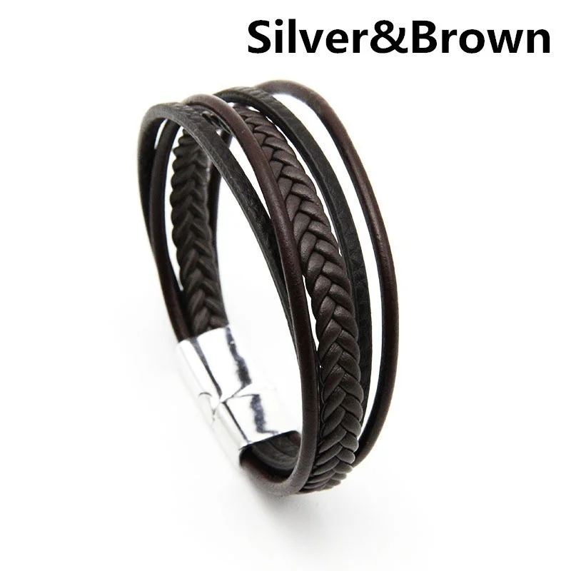 silver brown Мужской кожаный браслет кожаные браслеты для Бена Магнитная застежка Воловья Кожа плетеная многослойная обёртка браслет мужской pulseras para hombre - Окраска металла: silver brown
