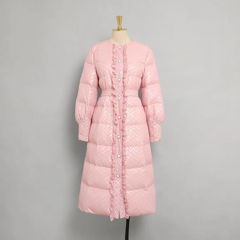 Women Winter Cotton Coat With Scarf  Vintage Sweet Lantern Sleeve Imitation White Duck Down Pink Mid-Length Jacket