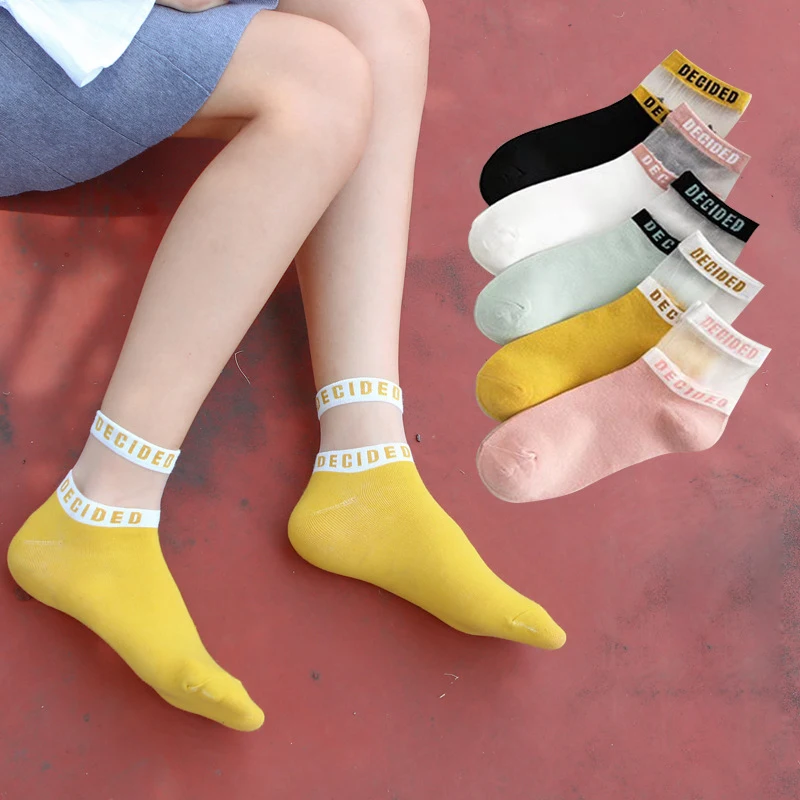 

6pcs=3pair Short Socks for Women Girl Summer Transparent Letter Patterned Socks Bright Color Casual Breathable Socks Ankle Socks