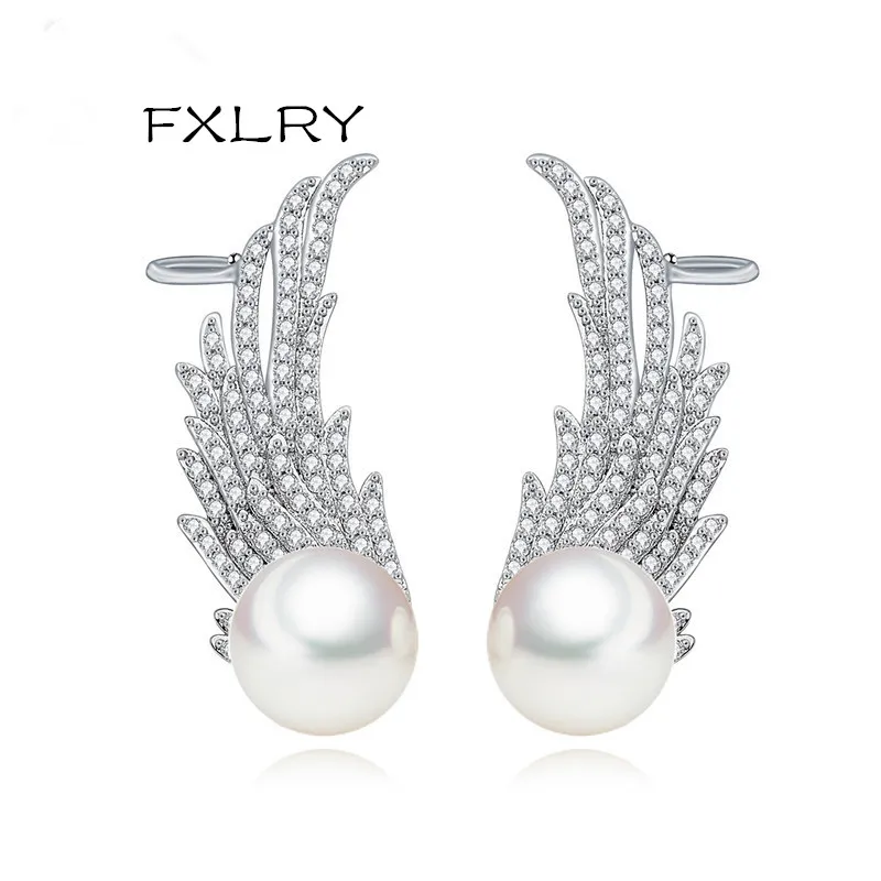 

FXLRY New Design Personality White Color Cubic Zircon The Geometric Simulated Pearl Long Earrings For Women Fashion Jewelry