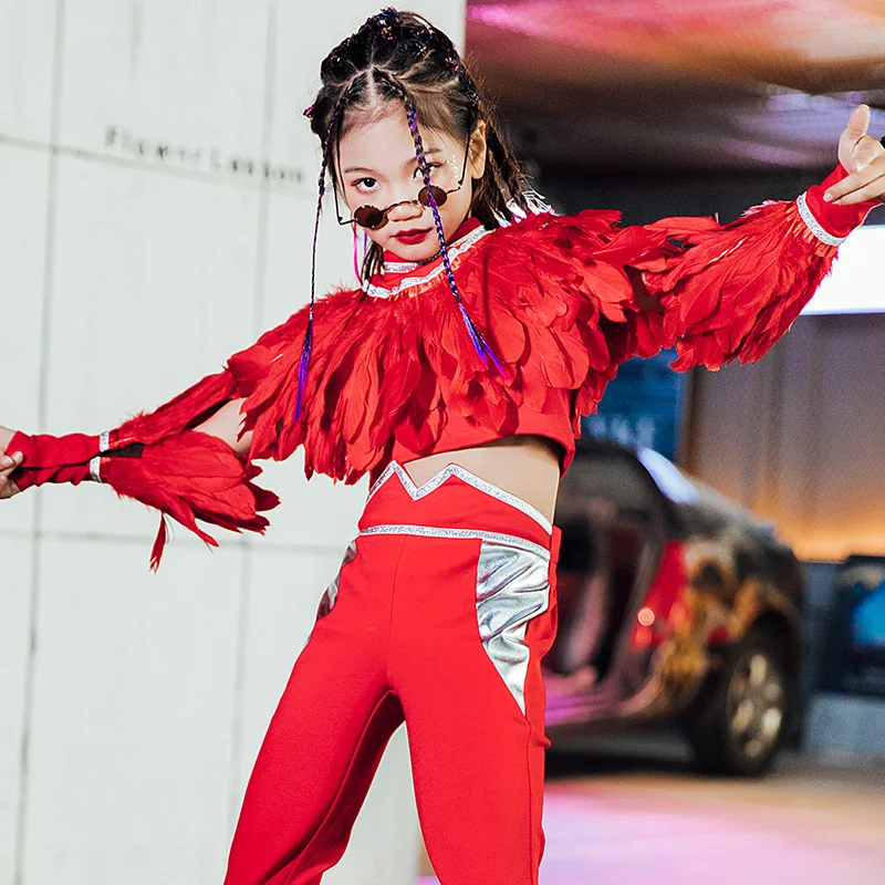 

Girls Jazz Costume Modern Dance Red Feather Fashion Suit Kids HipHop Clothing New Year'S Day Party Celebration Clothes DQL4932