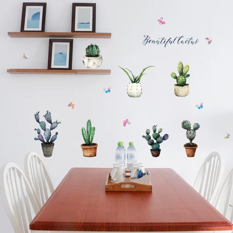 

Beautiful Cactus Pot and Butterfly Wall Stickers For Store Office Home Decoration Pastoral Mural Art Diy Bedroom Wall Decal