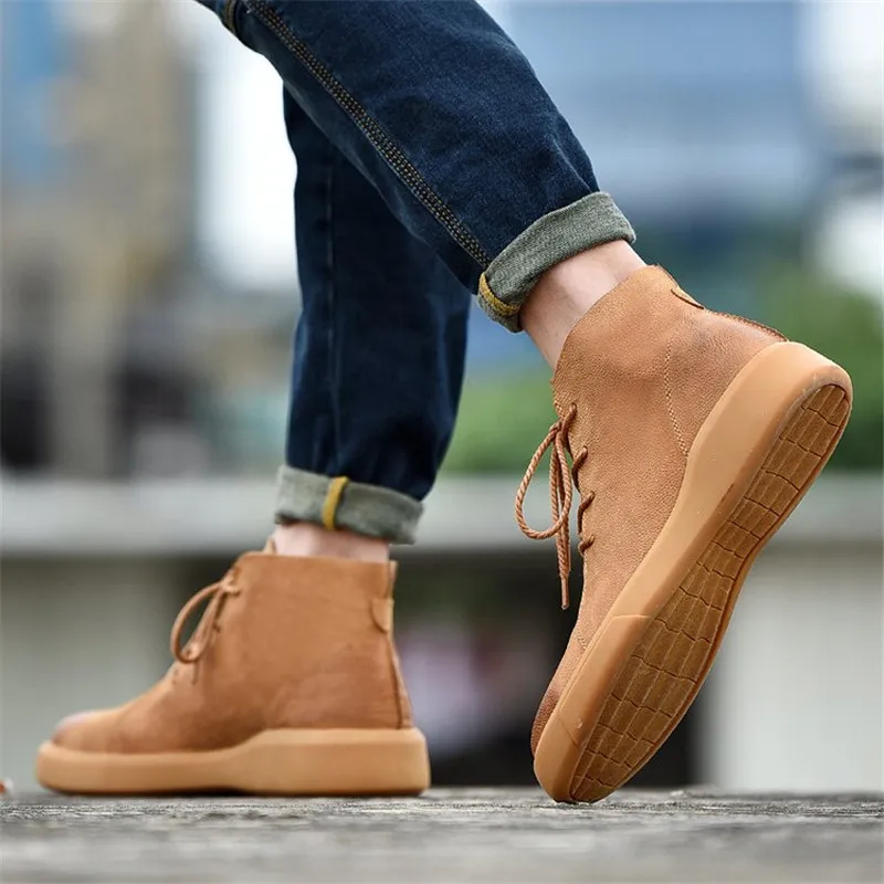

2021 Men Leather Boots Spring Autumn Warm High Quality Mens Fashion Casual Comfortable Rubber Sole High Waist Frenulum Footwear