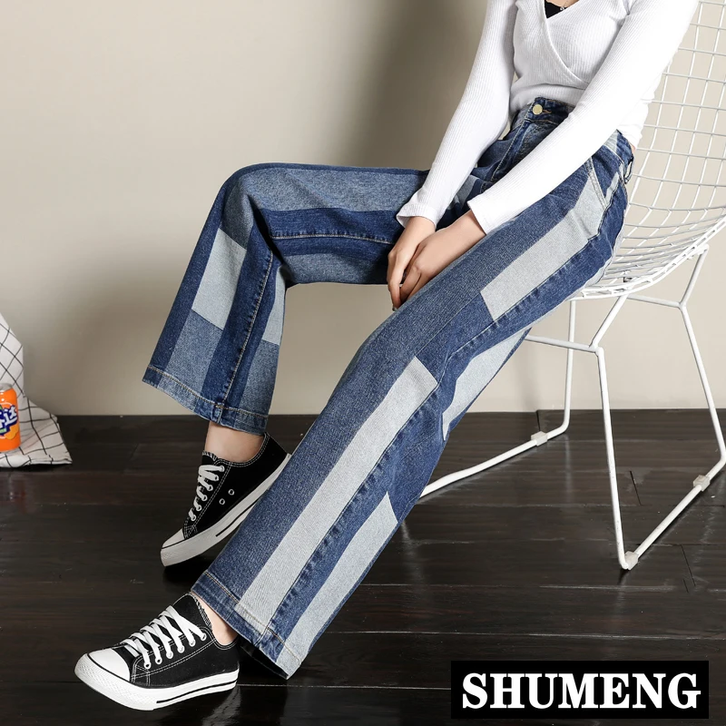 Европейская мода Контрастность Цвет широкие брюки джинсы для женщин женские