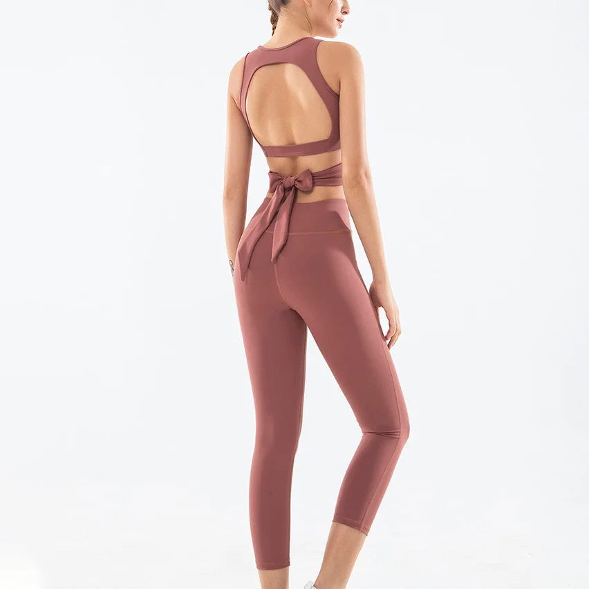 

Sexy Bowknot Two Piece Set Summer Fitness Shockproof Sports Vest High Waist Leggings Gym Tracksuit Workout Joggers Women Sets