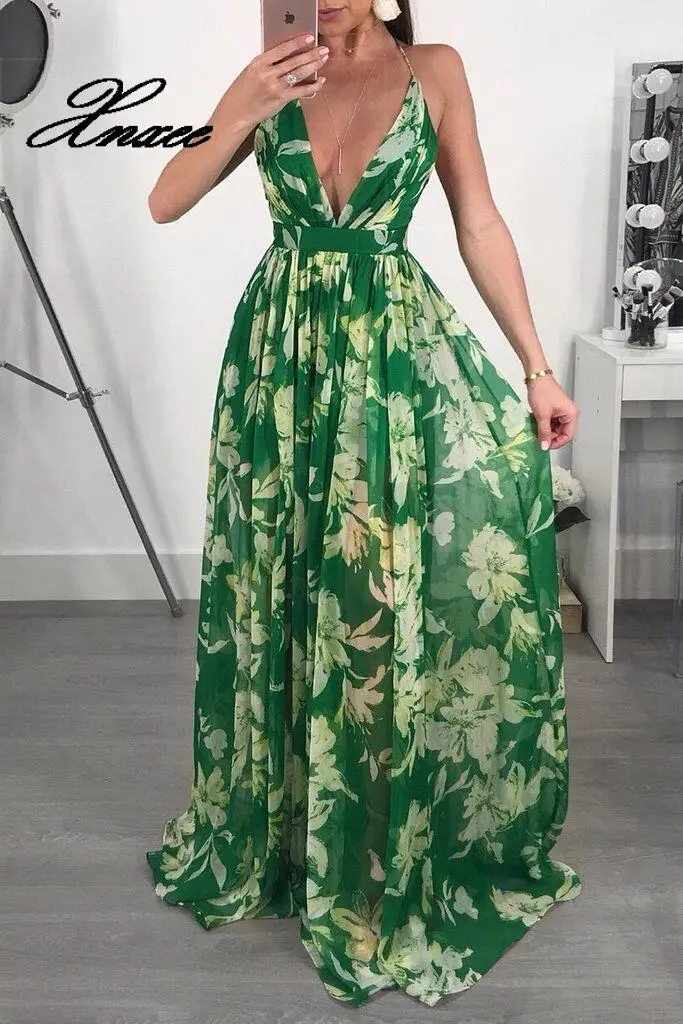 

Xnxee Deep V Neck Floral Women Dress Boho Dress Sleeveless Summer Beach Dresses Backless Maxi Long Vestidos