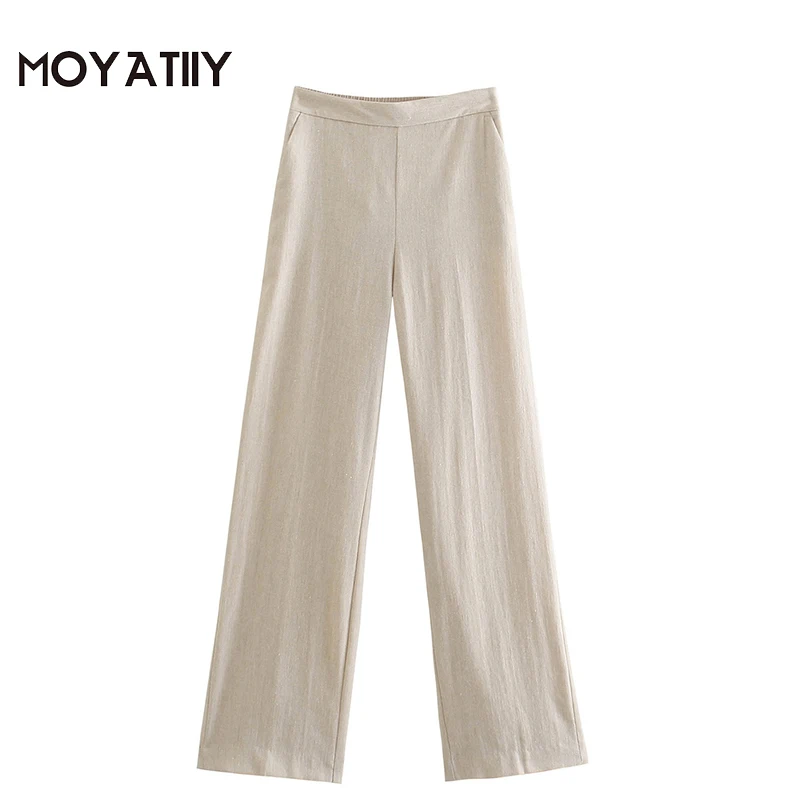

MOYATIIY Fashion Women Spring Autumn Pants Beige Color Casual Wide Legs Trousers Elastic Band Adjustable Waist Female Bottoms