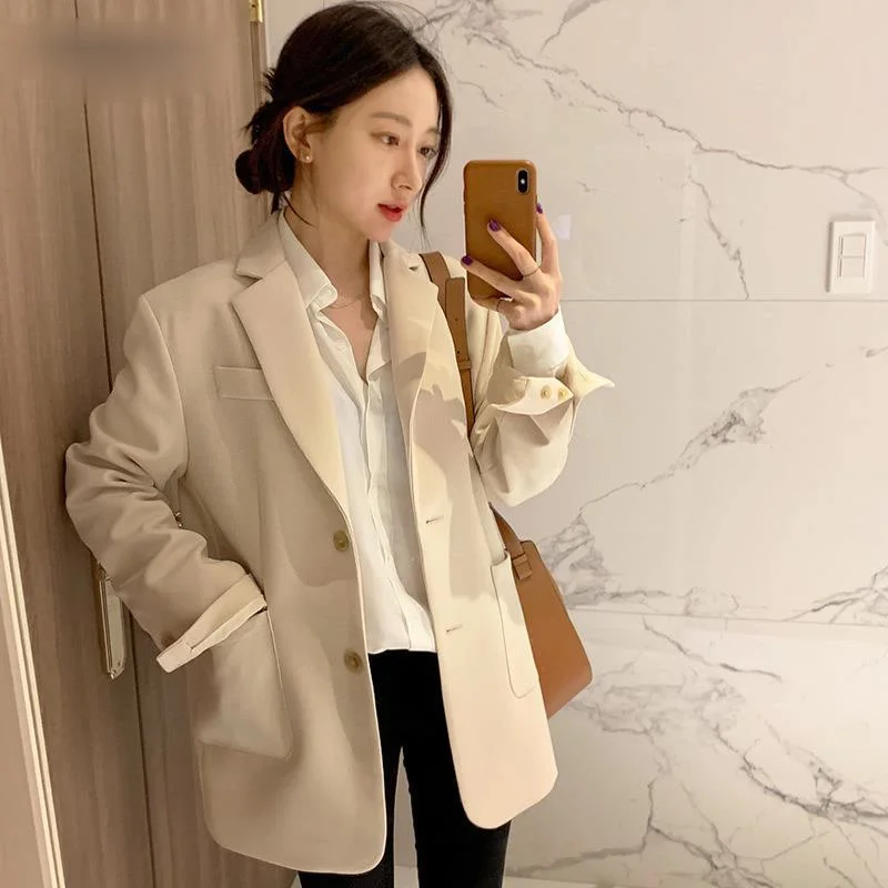 

WorK Style Ol Solid Blazer Women Turn Down Collar Long Sleeve Single Breast Coat Femme Spring 2021 New Outwear Coat