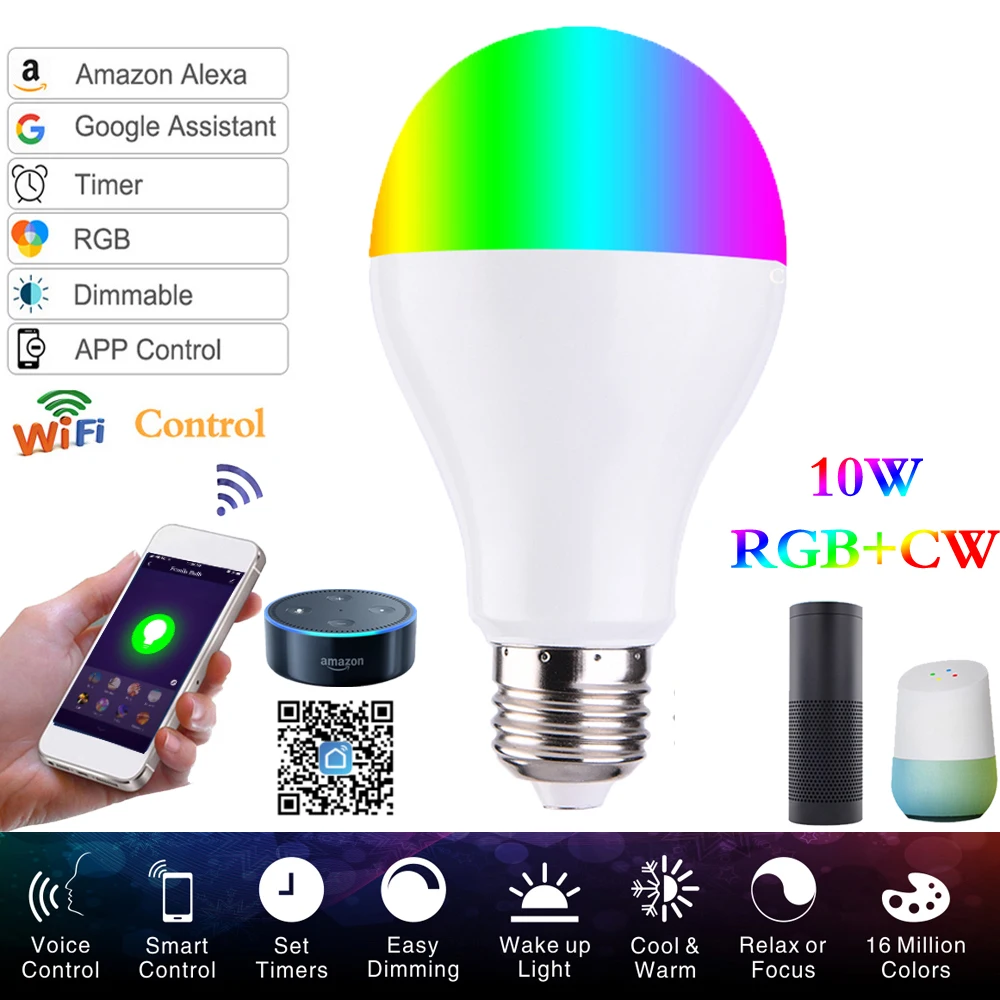 Светодиодная лампа смарт лампочка Wifi светодиодный светильник RGBW 10 Вт E27/E26/B22
