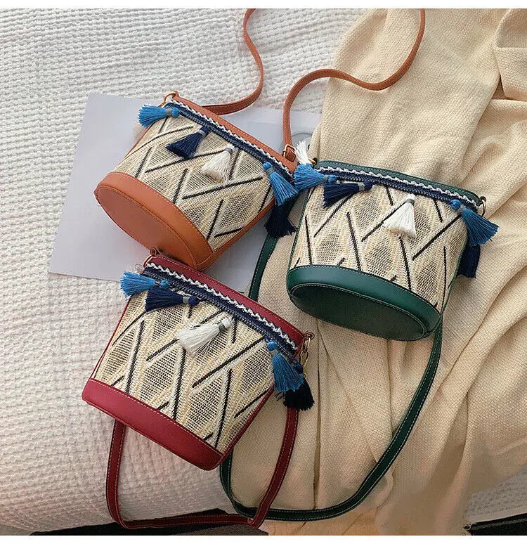 2019 Newest Hot Women's Bohemian Style Woven Handbag Straw Rattan Wicker Sling Bag Beach Casual Messenger Bucket Tassel Decor | Багаж и